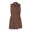 A sleeveless brown pinafore dress with a wrap design and a tie waist. It features a branding logo.