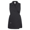 A black Allegra Pinafore Dress with a sleeveless design and a wrap-style front, featuring a slight A-line cut. It has a logo.