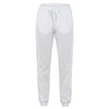 White pants with a drawstring waist and cuffs, featuring side mesh panels and a logo.