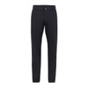 A pair of navy blue trousers with a slim fit and a button closure, featuring a logo on the waistband.