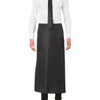 A black brasserie apron worn by a person dressed in a white shirt and black tie, with a pocket visible.