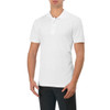 A white polo shirt displayed on a male model, featuring a collar and short sleeves. The model stands with hands at his sides.