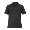 A black polo shirt featuring a classic collar and three-button placket, with short sleeves and a minimalistic design.