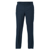 Navy blue pants featuring a straight leg design, with a subtle logo on the waistband.