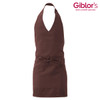 A brown apron featuring a V-neck design and a front pocket, with a waist tie. It has a logo in the upper corner.