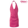 A pink apron with a deep V-neck design, featuring a pocket and a waist tie. It has a logo in the corner.