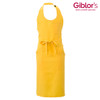 A yellow apron featuring a pocket, adjustable neck strap, and a tied waist. It has a logo on the side.