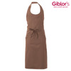 A brown apron featuring a neck strap, waist ties, and a front pocket. It has a logo on the upper right.