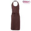 A brown apron with a tie waist and a front pocket. The product features a logo.