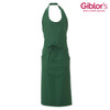 A green apron with a halter neck design and pockets. It features a logo in the corner.