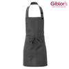 A dark grey apron with a neck strap, front pocket, and tie closure, featuring a logo on the side.