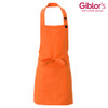An orange apron with a neck strap, two buttons, and a front pocket. It features a logo in the top corner.