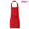 A red apron with a pocket and buttons, featuring a neck strap and waist ties. It includes a logo.
