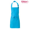 A blue apron with a pocket and buttons, featuring a neck strap and waist ties. Includes a logo.