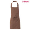 A brown apron with a neck strap, waist ties, and a pocket, featuring a logo at the top right.