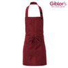 A burgundy apron with a tie waist, adjustable neck strap, and buttons on the front. It includes a logo at the top.