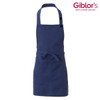 A blue apron with a neck strap, waist tie, and a front pocket. It features a logo at the top.