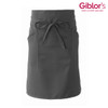 A charcoal grey apron featuring a tied waist and front pockets, with a logo in the corner.