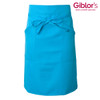 A turquoise apron with a tie at the waist and front pockets, featuring a logo at the top.