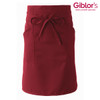 A burgundy apron with a tied waistband and two front pockets. It features a logo in the top corner.