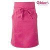 A pink apron with two front pockets and a tie at the waist, featuring a branding logo on the side.