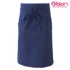A navy blue apron featuring a tie waist and pockets, accompanied by a logo in the upper corner.