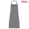 A grey apron featuring a front pocket and a neck strap. It has a logo in the top right corner.