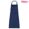A navy blue apron featuring a single front pocket and a neck strap, with a logo in the top corner.