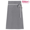 A grey apron featuring a tie waist and a front pocket, accompanied by a logo.