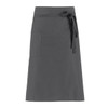 A grey apron featuring a front pocket and a tied waist, with a logo on the fabric.