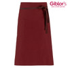 A maroon apron featuring a waist tie and a front pocket. Includes a logo on the upper right corner.