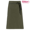 An olive green apron with a waist tie and a front pocket. It features a logo in the top corner.