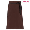 A brown apron with a waist tie and a front pocket, featuring a logo in the top corner.