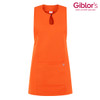 An orange apron with a keyhole neckline and a front pocket. It features a branding logo.