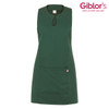 A green apron with a keyhole neckline and a front pocket. It features a branding logo on the upper right.