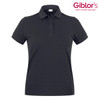 A black polo shirt featuring a collar and three-button placket, with a logo in the top right corner.