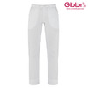 White pants featuring a simple design and pockets, with a logo in the top right corner.