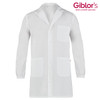 A white lab coat featuring long sleeves and two front pockets, with a logo in the corner.