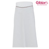 A white apron with a simple design and a multicoloured trim at the top, featuring a logo in the corner.