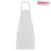 A white apron with a pocket, featuring a logo in the upper corner.
