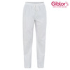 White pants with an elastic waistband and drawstring. The design includes a logo in the top right corner.