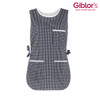 A checkered black and white pinafore with a pocket and tie details at the sides. It features a logo in the corner.