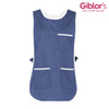 A blue denim pinafore with white pocket trims and ties at the sides. Features multiple pockets for convenience.