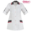 A promotional white shirt with a checkered black and red collar and pockets, featuring rolled-up sleeves and a logo.