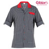 A short-sleeved shirt featuring a black and white check pattern with red accents and a pocket. It has a logo.