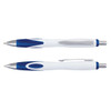 A plastic pen in white and blue, featuring a smooth finish and a silver clip. It has branding on the barrel.