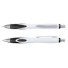 A plastic pen with a sleek white and black design, featuring a silver clip and grip. It has a branding logo.
