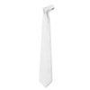 A white cravat tie with a smooth finish, featuring a stylish knot at the top. It has a simple design and a logo.