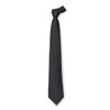 A black cravat tie with a smooth finish, featuring a decorative knot at the top. It has a logo on the fabric.