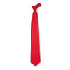A red cravat tie with a smooth finish, featuring a simple design and a knot at the top.
